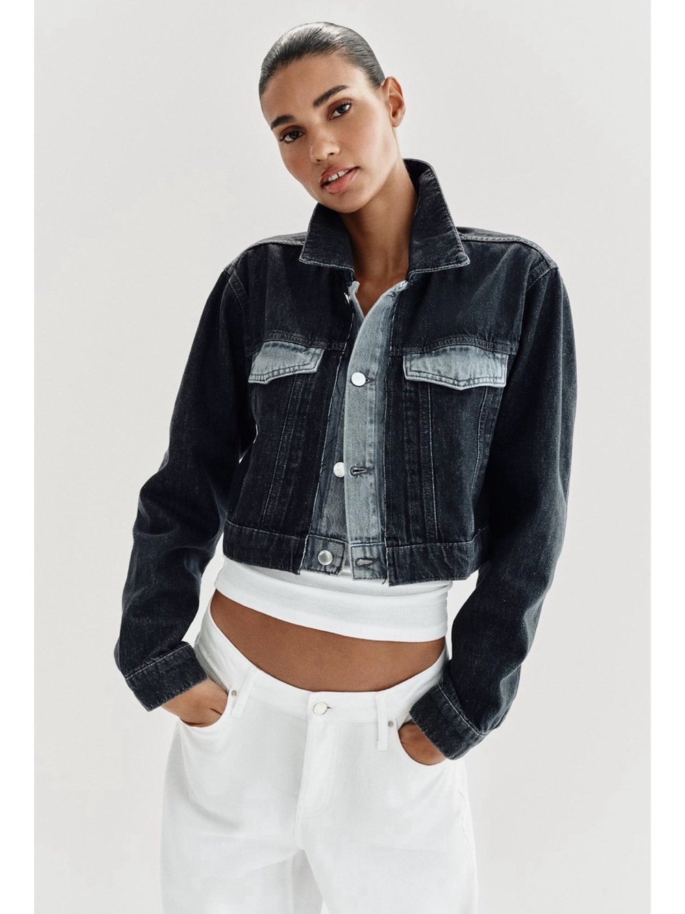 Zara Black Washed Cropped Denim Jacket
